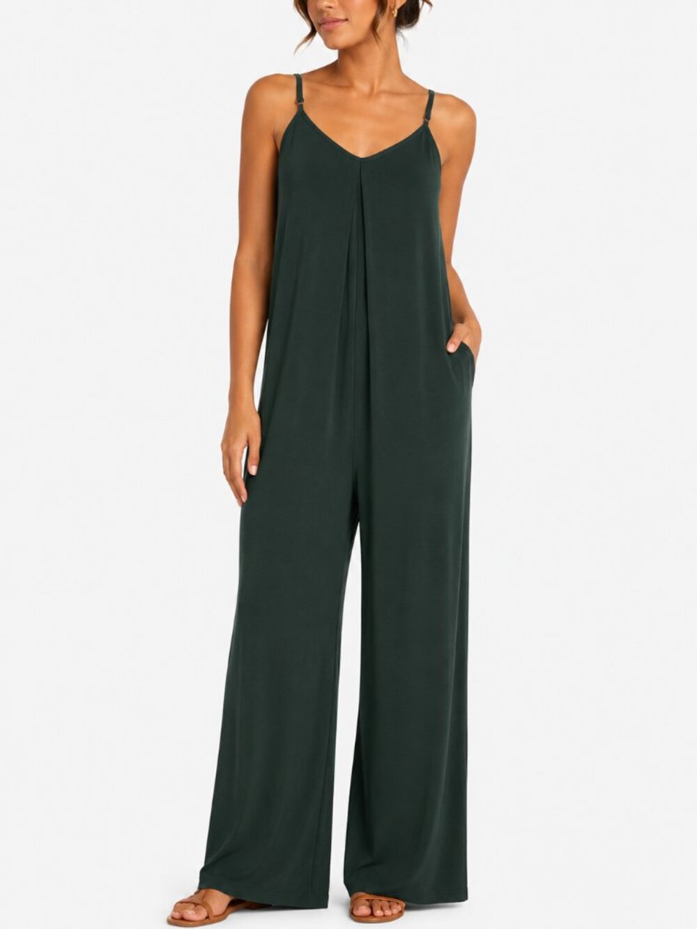 ANRABESS Dark Green Wide Leg Cami Jumpsuit Small
